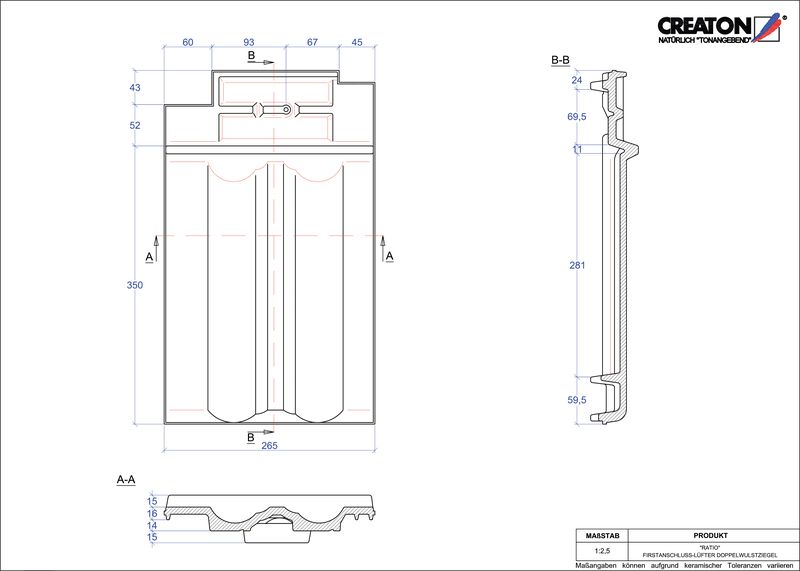 Fiser CAD produs RATIO Ţiglă cu proeminenţă  pentru aerisire coamă FALDWZ