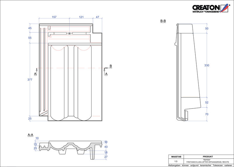 Fiser CAD produs RAPIDO Ţiglă laterală de aerisire pentru conexiune la coamă  dreapta FALOGR