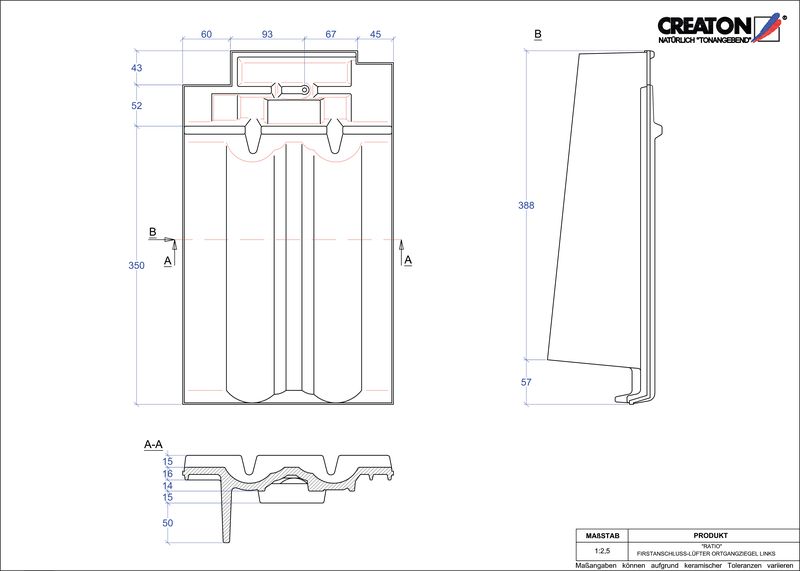 Fiser CAD produs RATIO Ţiglă laterală de aerisire pentru conexiune la coamă  stânga FALOGL